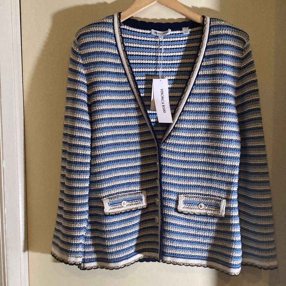Veronica Beard Navy and Cream Striped Cardigan